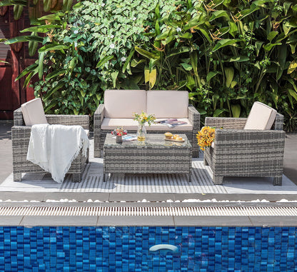 Lacoo 4 Pieces Patio Furniture Sets Rattan Chair Wicker Conversation Sofa Set Outdoor Tble and Chairs for Backyard Porch Garden Poolside Balcony, White