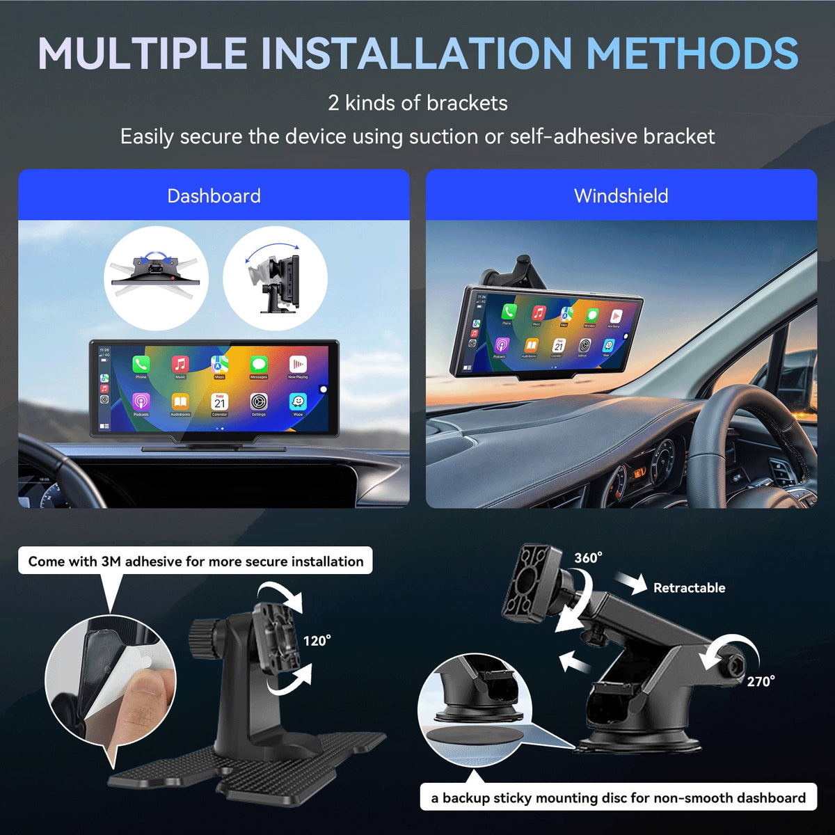 10.26�� Wireless Apple Carplay Screen with Android Auto, 4K Dash Cam, Backup Camera, Bluetooth, GPS, Voice Control