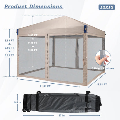 Aoodor 12'x12' Pop Up Canopy with Removable Mesh Sidewalls, Outdoor Portable Instant Shelter Tent-Black