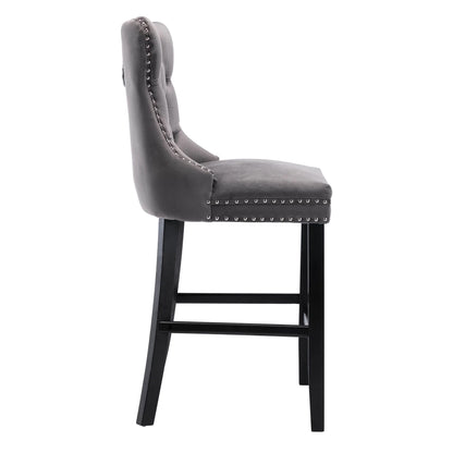 Velvet Bar Stools Set of 2, Upholstered Counter Height Bar Chair with Rivet and Button Trim, Bar Stool with Back and Footrest, for Dining Room, Kitchen, Pub, Gray