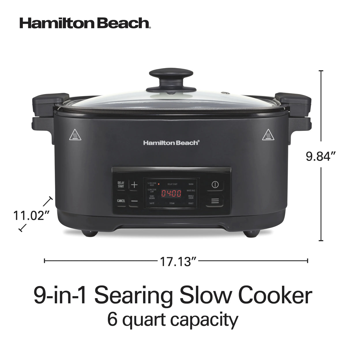 Hamilton Beach 9-in-1 Multi Cooker, 6 Qt Searing Slow Cooker, Nonstick Aluminum Crock with Removable Pot, Black