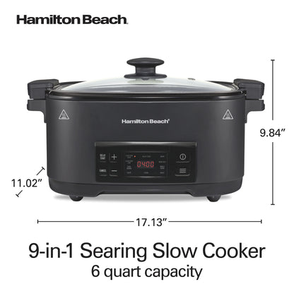 Hamilton Beach 9-in-1 Multi Cooker, 6 Qt Searing Slow Cooker, Nonstick Aluminum Crock with Removable Pot, Black