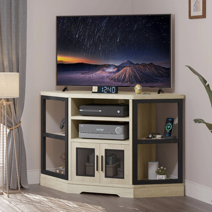 Dextrus Farmhouse Corner TV Stand for TVs up to 55 inch with Power Outlet, Wood Entertainment Center, TV Media Console with Storage, White Oak