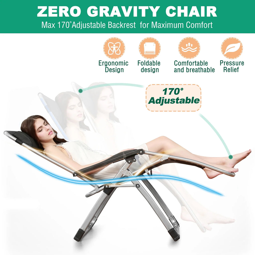 MOPHOTO Zero Gravity Chair Folding Outdoor Patio Recliner with Detachable Cushion,Cup Holder,Headrest,26"D x 20"W x 45"H