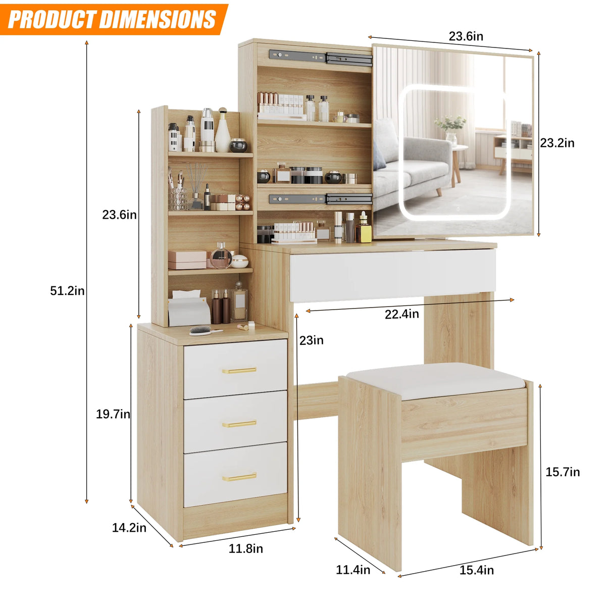 Vanity Desk with Sliding Mirror and Lights, Makeup Vanity Set with 4 Drawers, Stool, Power Outlet, Open Shelves, 3 Color Adjustable Lighting Modes, Makeup Dressing Table for Bedroom, White
