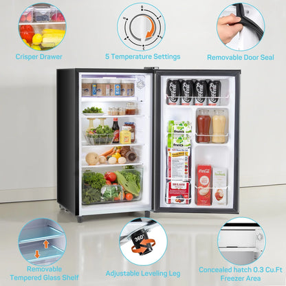 TINKLE WELL 3.2 Cu Ft Mini Fridge with Freezer, Compact Single Door Refrigerator, Energy Efficient, Low Noise, Adjustable Thermostat for Bedroom, Dorm, Office, silver