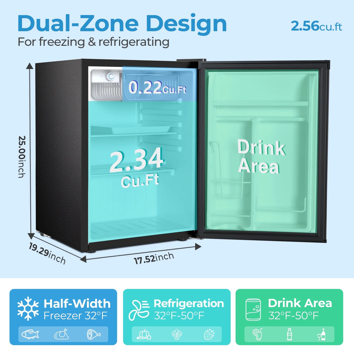 WAA 2.6 Cu.Ft Mini Fridge with Freezer, Single Door Compact Refrigerator BLACK