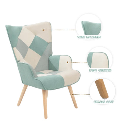 Modern Accent Chair with Solid Wood Legs and High Wing Backrest, Side Chair Set with Ottoman, Comfy Side Armchair for Living Room, Reading Room, Bedroom, Colorful Patchwork