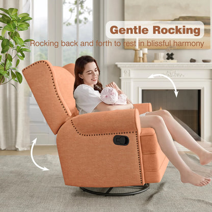 Royalcraft Swivel Nursery Glider Recliner, Comfy Upholstered Glider Chair with Lumbar Pillow and Footrest, Beige