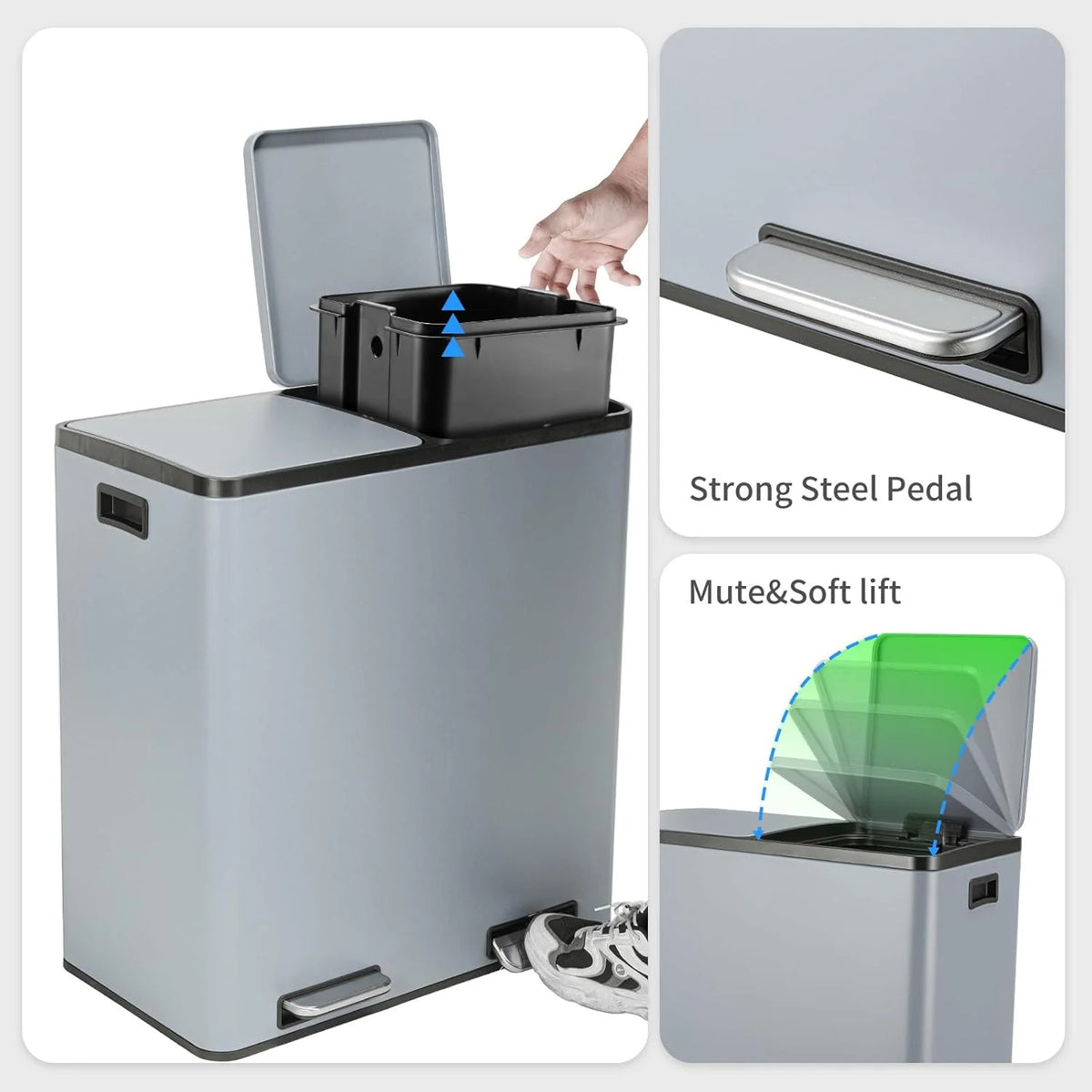 Arlopu 60 L/16 gal Dual Trash Can, Stainless Steel Garbage Can for Kitchen, Recycle Bin with Lid