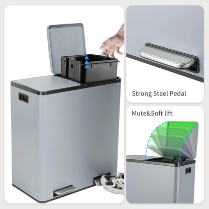 Arlopu 60 L/16 gal Dual Trash Can, Stainless Steel Garbage Can for Kitchen, Recycle Bin with Lid