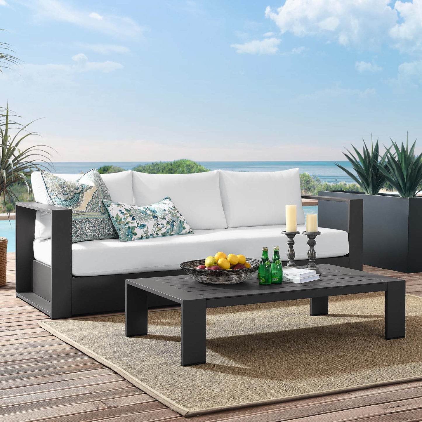 Lounge Sofa Table Set, Grey Gray, Aluminum, Metal, Fabric, Modern Contemporary, Outdoor Patio Balcony Cafe Bistro Garden Furniture Hotel Hospitality