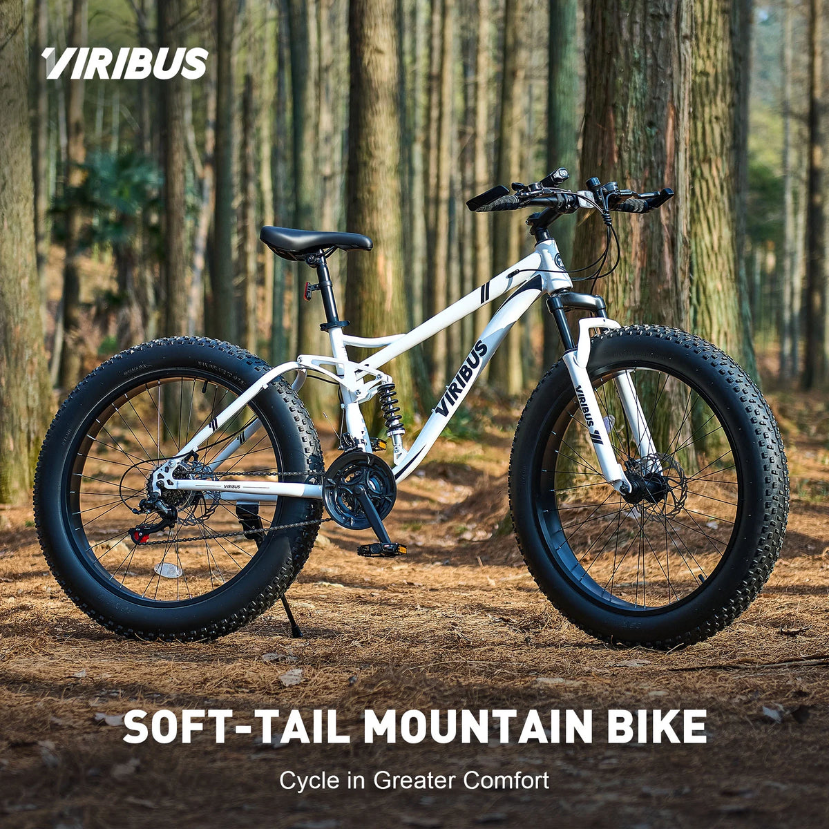VIRIBUS 26" Fat Tire Mountain Bike Full Suspension Bike with 21 Speeds Disc Brakes White