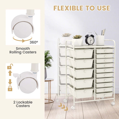 Costway 15 Drawer Rolling Storage Cart Tools Scrapbook Paper Office School Organizer White