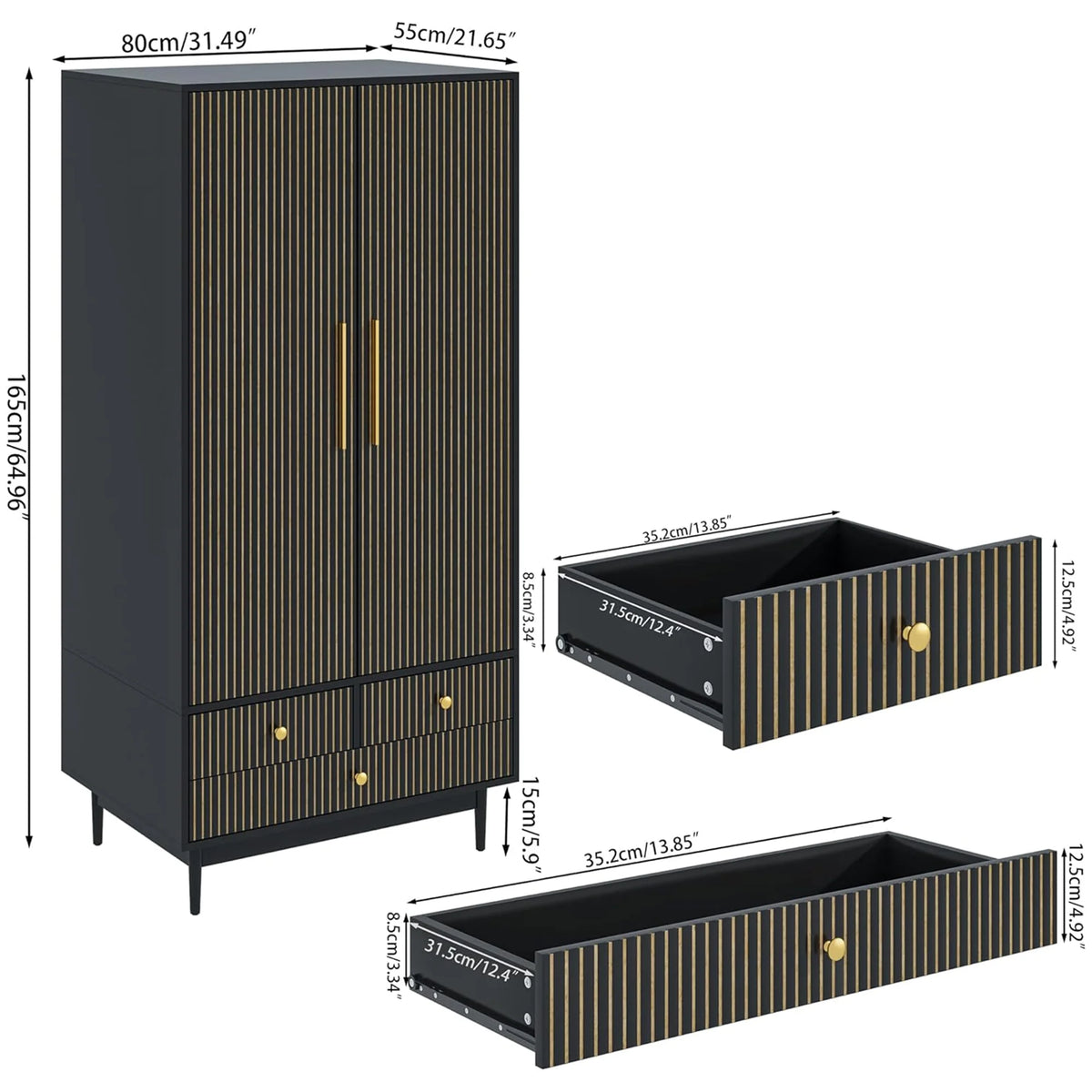 Oubayajia Wardrobe Armoire Closet, 2 Fluted Doors Wardrobe Cabinet with 3-Drawer and Hanging Rod, Wood Wardrobe Storage for Bedroom
