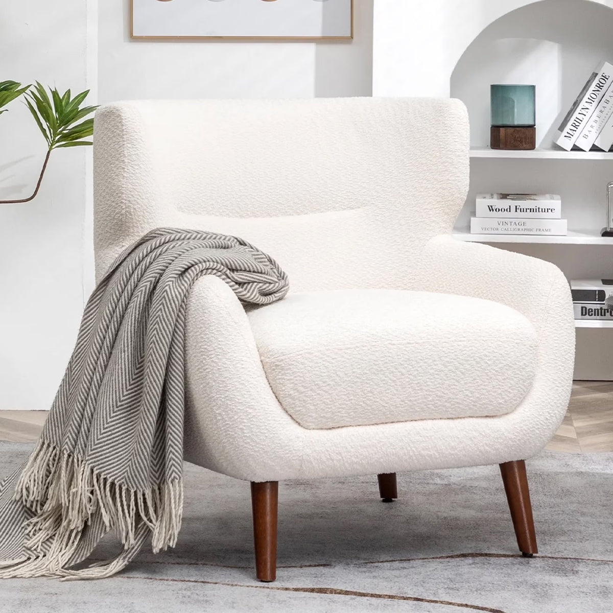 ALEAVIC White Accent Chair Upholstered Armchair with Solid Wood Legs