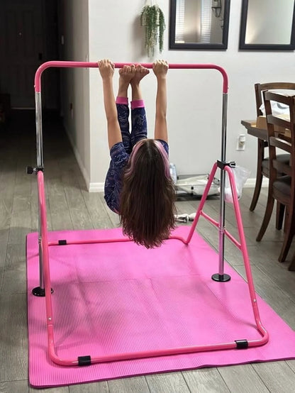 Safly Fun Gymnastics Bar with Mat for Kids, Height Adjustable Junior Training Bar Mat for Home, Folding Gymnastic Horizontal Bars Equipment (Pink+Mat)