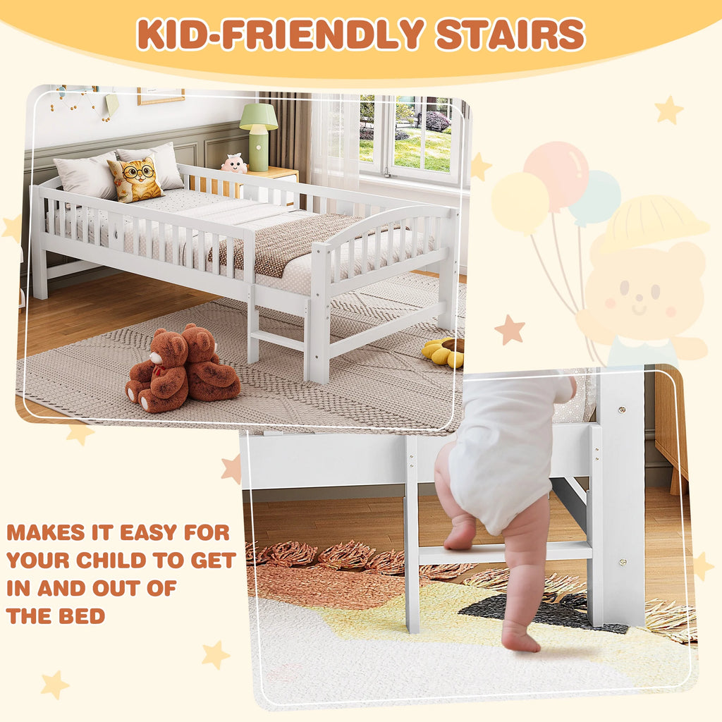 SESSLIFE Twin Size Platform Bed, Solid Wood Twin Bed Frame with Slats, Fence Guardrail Ladder, Twin Floor Bed with Strong Legs for Boys Girls, No Box Spring Needed, Holds 400 lbs, White