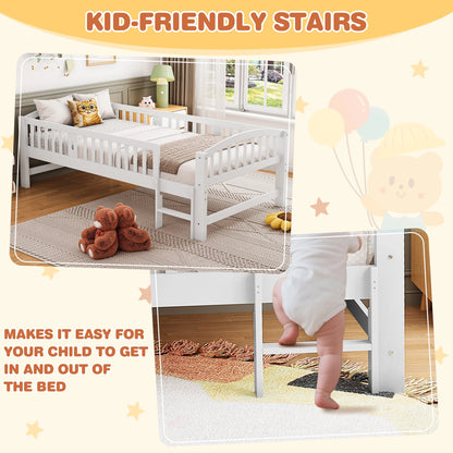 SESSLIFE Twin Size Platform Bed, Solid Wood Twin Bed Frame with Slats, Fence Guardrail Ladder, Twin Floor Bed with Strong Legs for Boys Girls, No Box Spring Needed, Holds 400 lbs, White