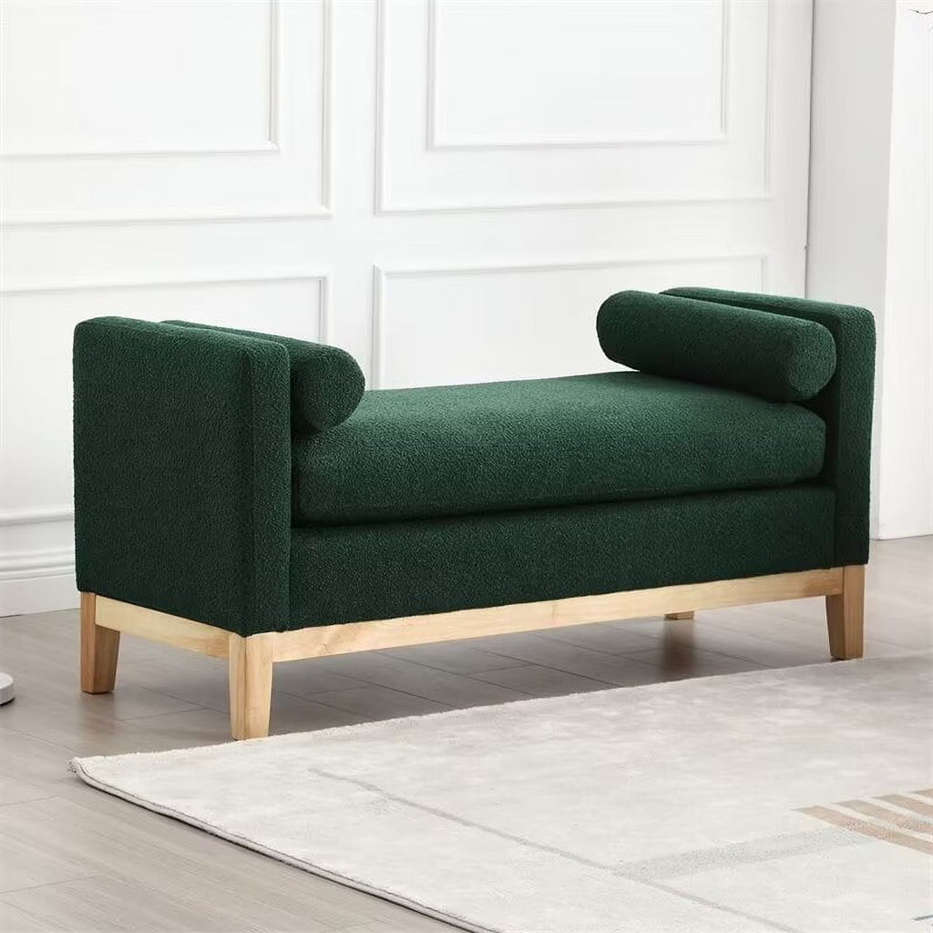 End of Bed Bench, 53.5" Boucle Fabric Upholstered Entryway Bench with Wood Legs & Bolster Pillows, Rolled Arm Cushioned Ottoman Foot Rest Long Stool Window Extra Seating for Bedroom, Ivory