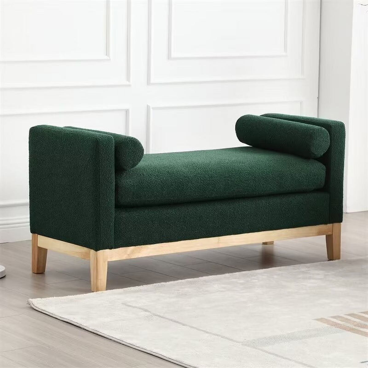 End of Bed Bench, 53.5" Boucle Fabric Upholstered Entryway Bench with Wood Legs & Bolster Pillows, Rolled Arm Cushioned Ottoman Foot Rest Long Stool Window Extra Seating for Bedroom, Ivory