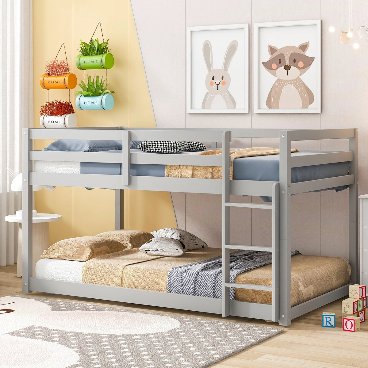 Twin Over Twin Floor Bunk Bed, UHOMEPRO Solid Wood Low Bunk Bed with Safety Rail, Ladder, Heavy Duty Bunk Beds, Space-Saving Bedroom Dorm Furniture, Gray