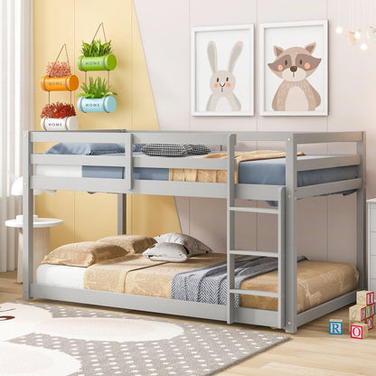 Twin Over Twin Floor Bunk Bed, UHOMEPRO Solid Wood Low Bunk Bed with Safety Rail, Ladder, Heavy Duty Bunk Beds, Space-Saving Bedroom Dorm Furniture, Gray