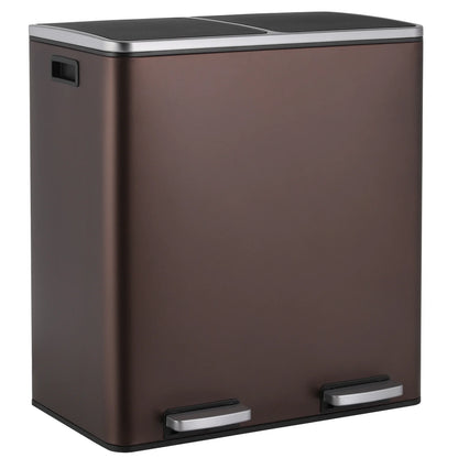 LAZY BUDDY Dual Garbage Can, Stainless Steel 16 Gallon Step Kitchen Trash Can with Soft-Close Lid, Double Compartment Garbage Recycling Bin