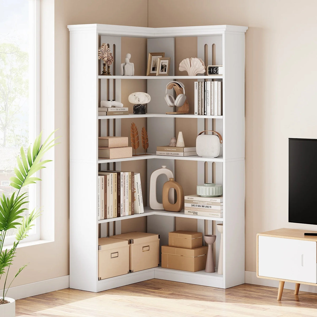 EuKer 5 Tier Corner Bookcase, L-Shaped Bookshelf with Large Storage Capacity for Living Room, Bedroom, Office (Half Panel, Retro Brown)