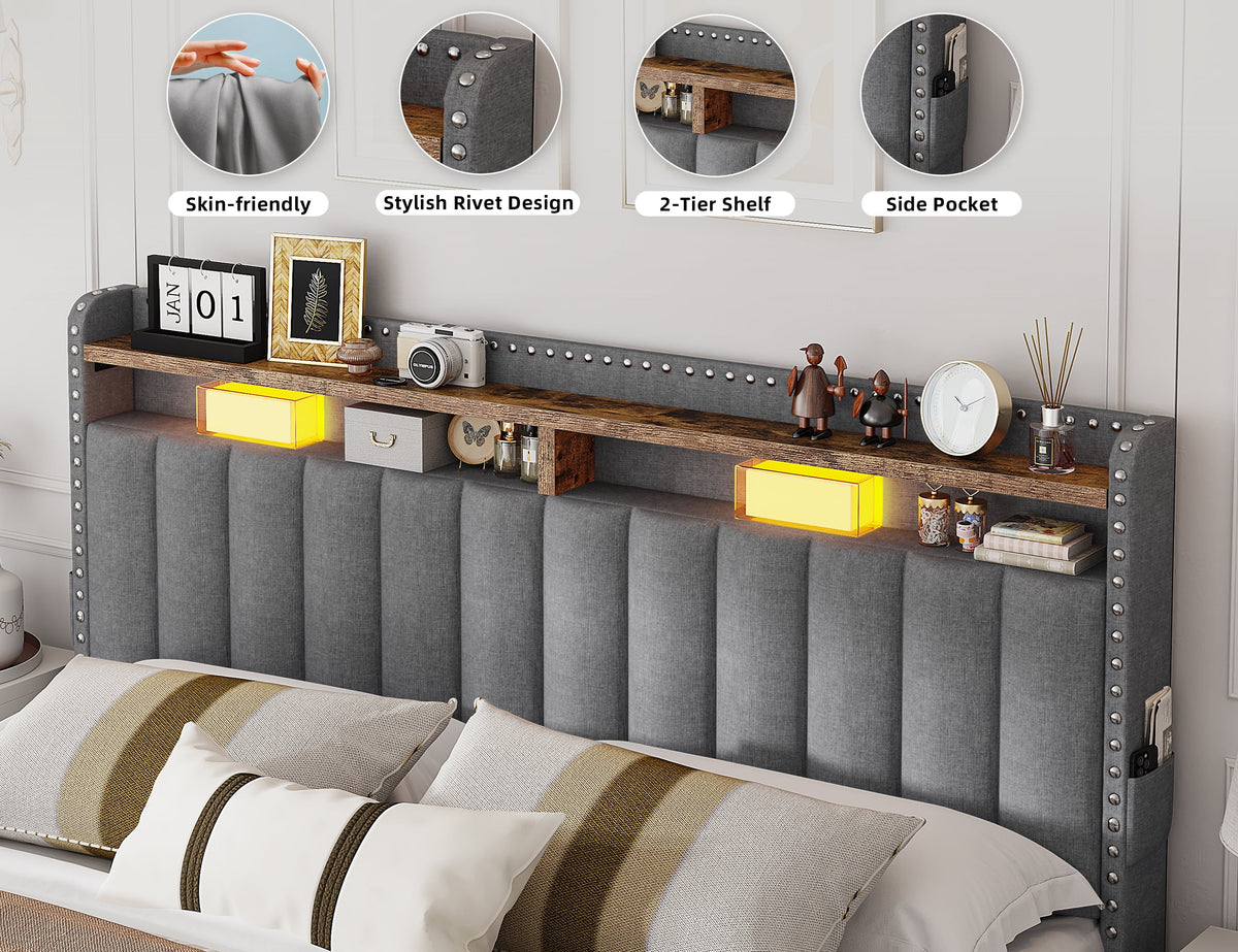 EnHomee Upholstered King Size Bed Frame with Headboard and Storage King Bed Frame with 2 Drawers,Grey