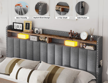 EnHomee Upholstered King Size Bed Frame with Headboard and Storage King Bed Frame with 2 Drawers,Grey