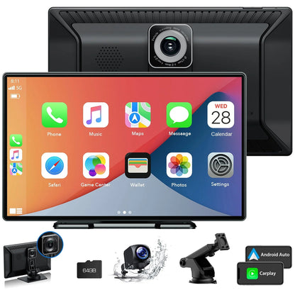 LAMTTO 9" Portable Inch Wireless Carplay Car Stereo with 2.5K Dash Cam, 1080p Backup Camera 64GB SD Card, Wireless Apple Carplay Car Radio Receive GPS Navigation , Bluetooth, Siri,AUX/FM
