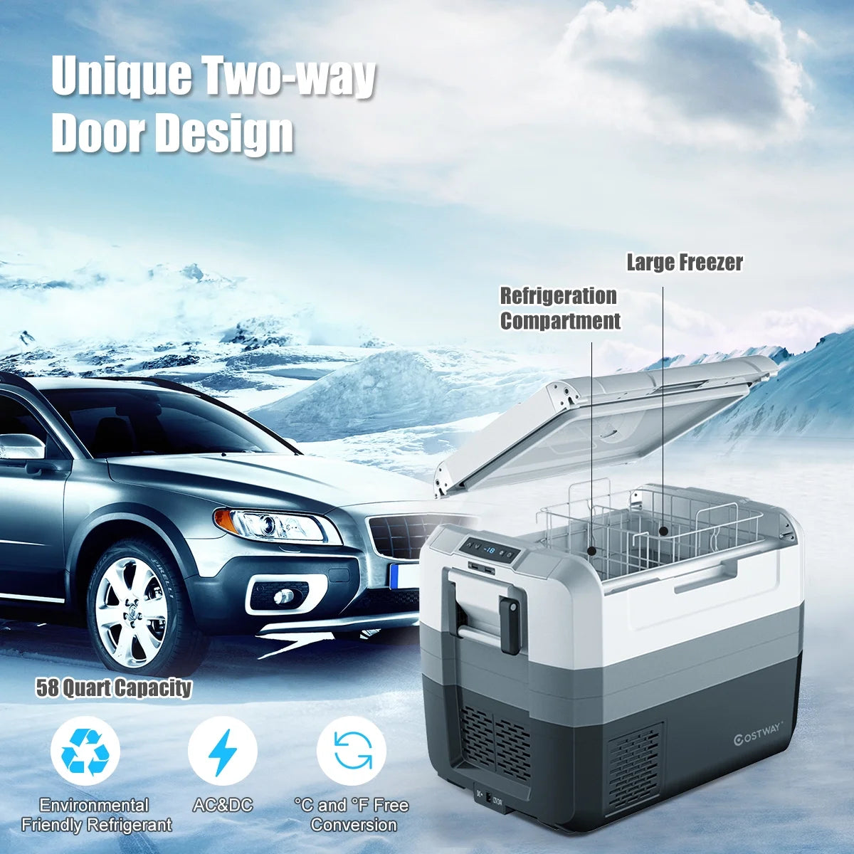Costway 58 Quart Portable Electric Car Cooler Refrigerator Compressor Freezer for RVs Camping