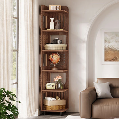 Fnova 71" 6-Tier Tall Corner Bookshelf, Rustic Wooden Narrow Corner Bookcase with Artistic Square Rack, Freestanding Display Storage Shelf for Space-Saving Home Organizing