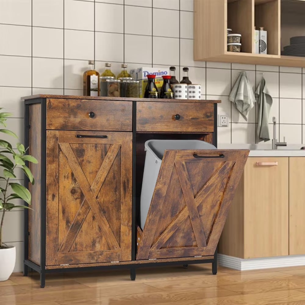 Eclife 20 Gallons Double Tilt Out Trash Cabinet Wood Tabletop, Upgrade Gray, WB010GY