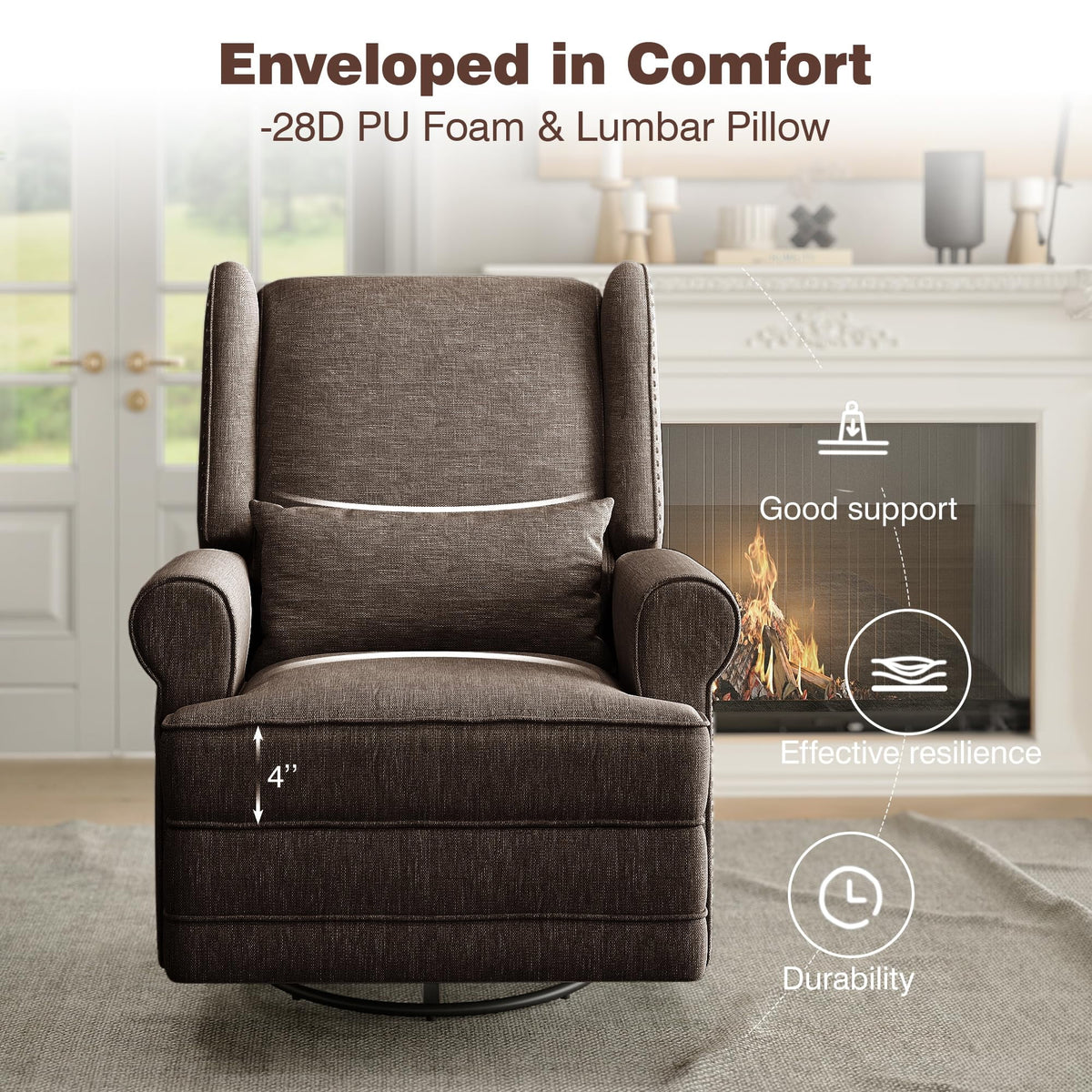 Royalcraft Swivel Nursery Glider Recliner, Comfy Upholstered Glider Chair with Lumbar Pillow and Footrest, Beige