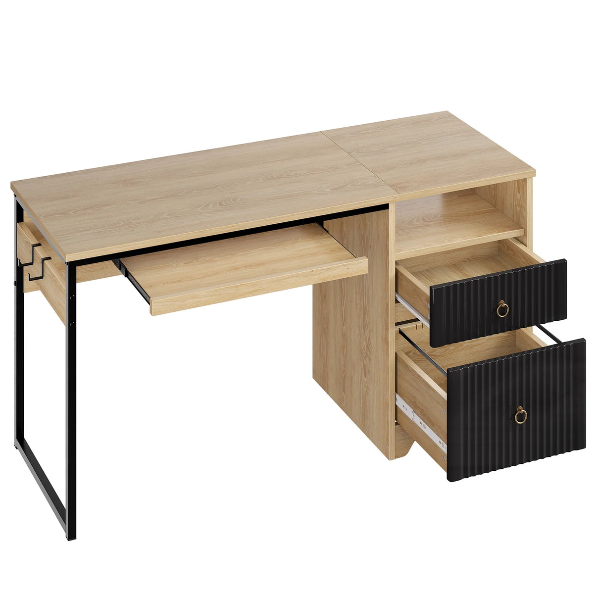 Bestier 55 Inch Office Desk with Drawers, Keyboard Tray, 2 Hooks, Modern Fluted Computer Desk for Home, Grey