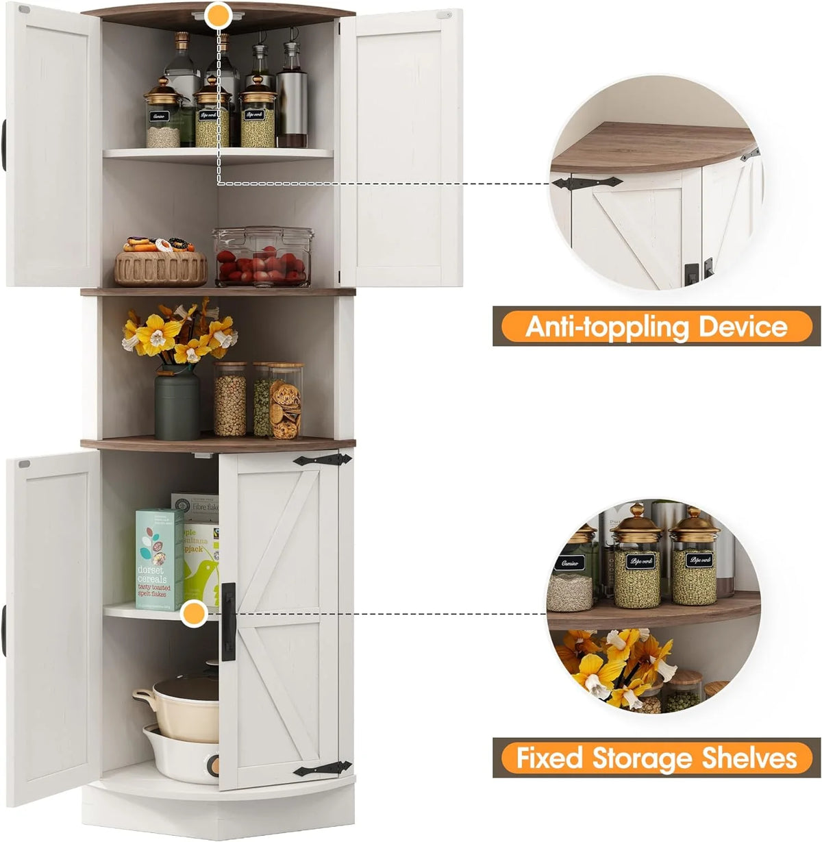 Vabches Farmhouse 64.8'' Tall Corner Cabinet with 4 Doors and 5 Storage Shelves for Kitchen, Living Room, White