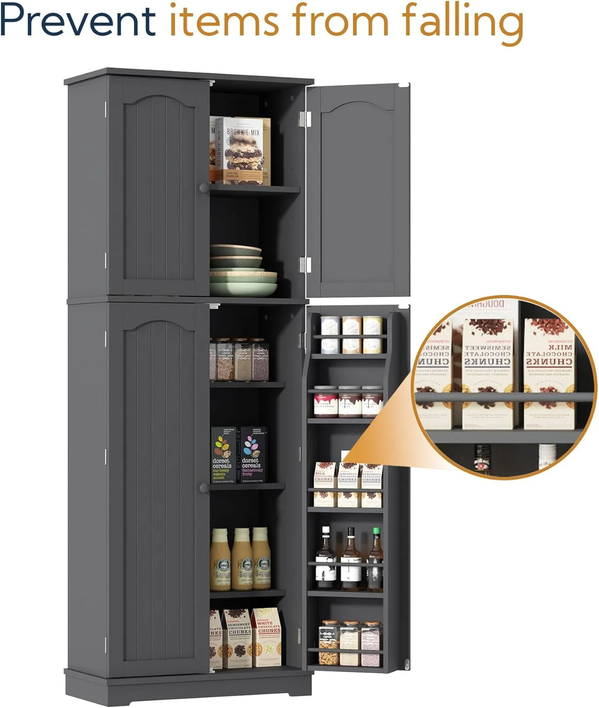 Yusong 64'' Kitchen Storage Cabinet, Tall Kitchen Pantry Storage Cabinet with Doors and Shelves, Food Pantry Cabinet Free Standing Pantry for Kitchen Dining Living Room, Grey