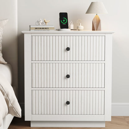 IDEALSOUL Nightstand Set of 2, 24" Wide End Table with Storage, Fluted Nightstand with USB Charging Station, Large 3 Drawers nightstand for Bedroom Living Room(2pc, White)