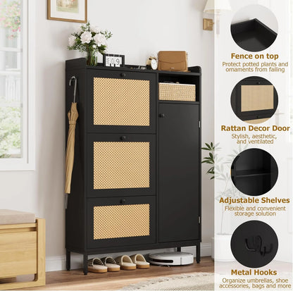 Garvee Rattan Shoe Storage Cabinet with Doors and 3 Flip Drawers, Freestanding Organizer with Adjustable Shelves for Entryway, Narrow Shoe Rack Cabinet for Hallway, Easy Assembly, Oak Color