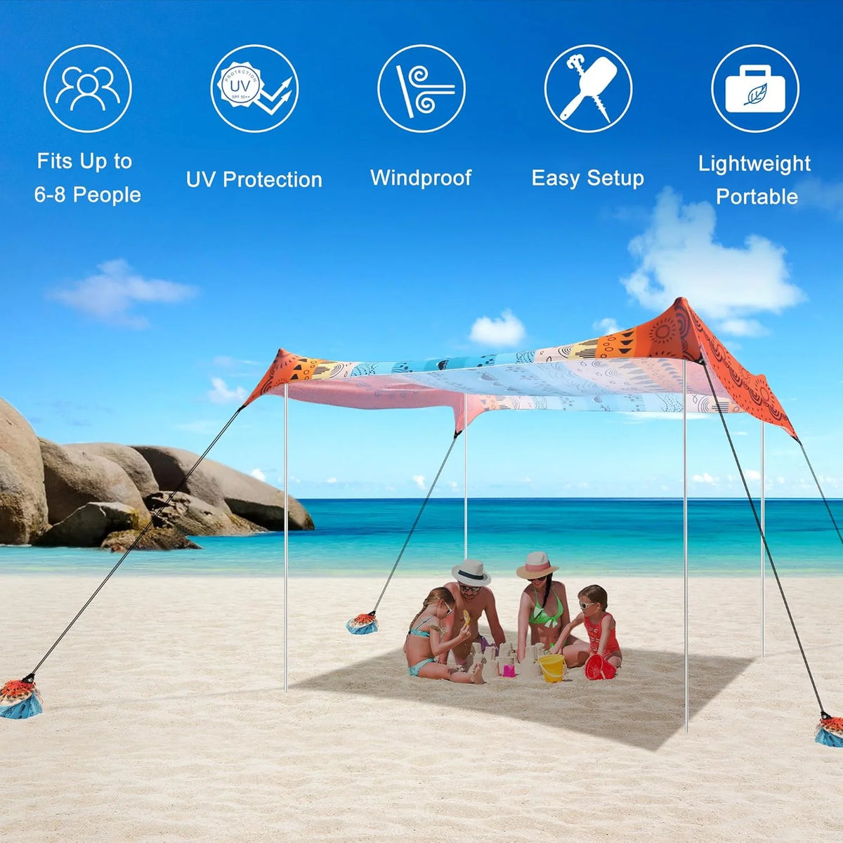 Beach Tent, UPF 50+ Beach Canopy Sun Shade, Portable 10×10 FT Large Pop-Up Beach Tent Sun Shelter with Sand Anchors, Ground Pegs, Easy Setup for Beach, Camping, Park, and Backyard Fun