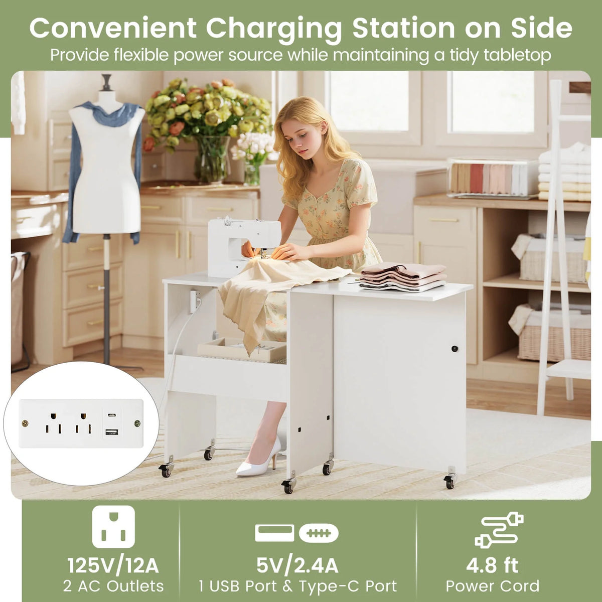 Costway Folding Sewing Table Rolling Craft Station with 3 Storage Bins & Charging Station White+natural