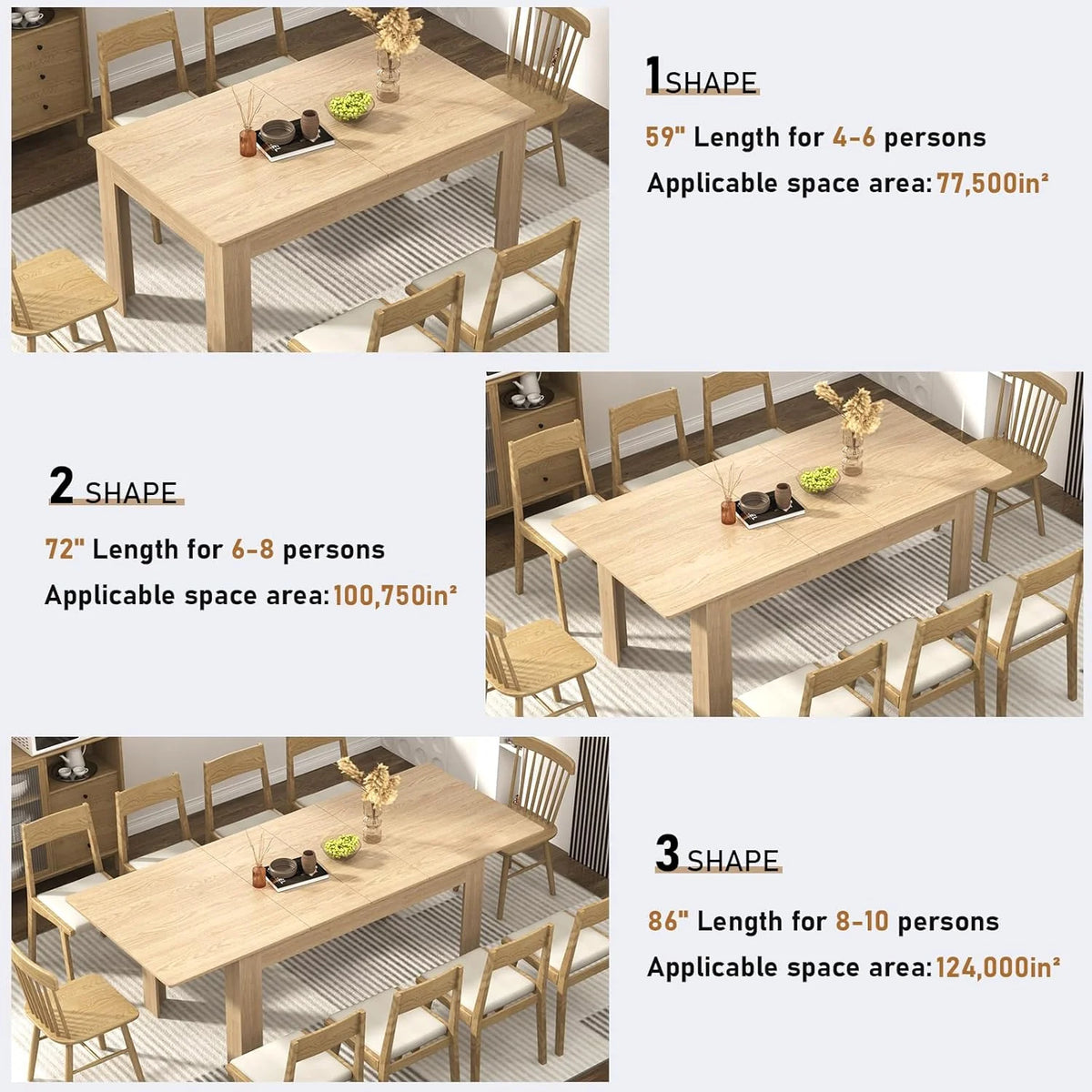 ChVans Large Mobile Extendable Dining Table for 6-8, Modern Wood Kitchen Table Rectangular Table for Dining Room, Living Room