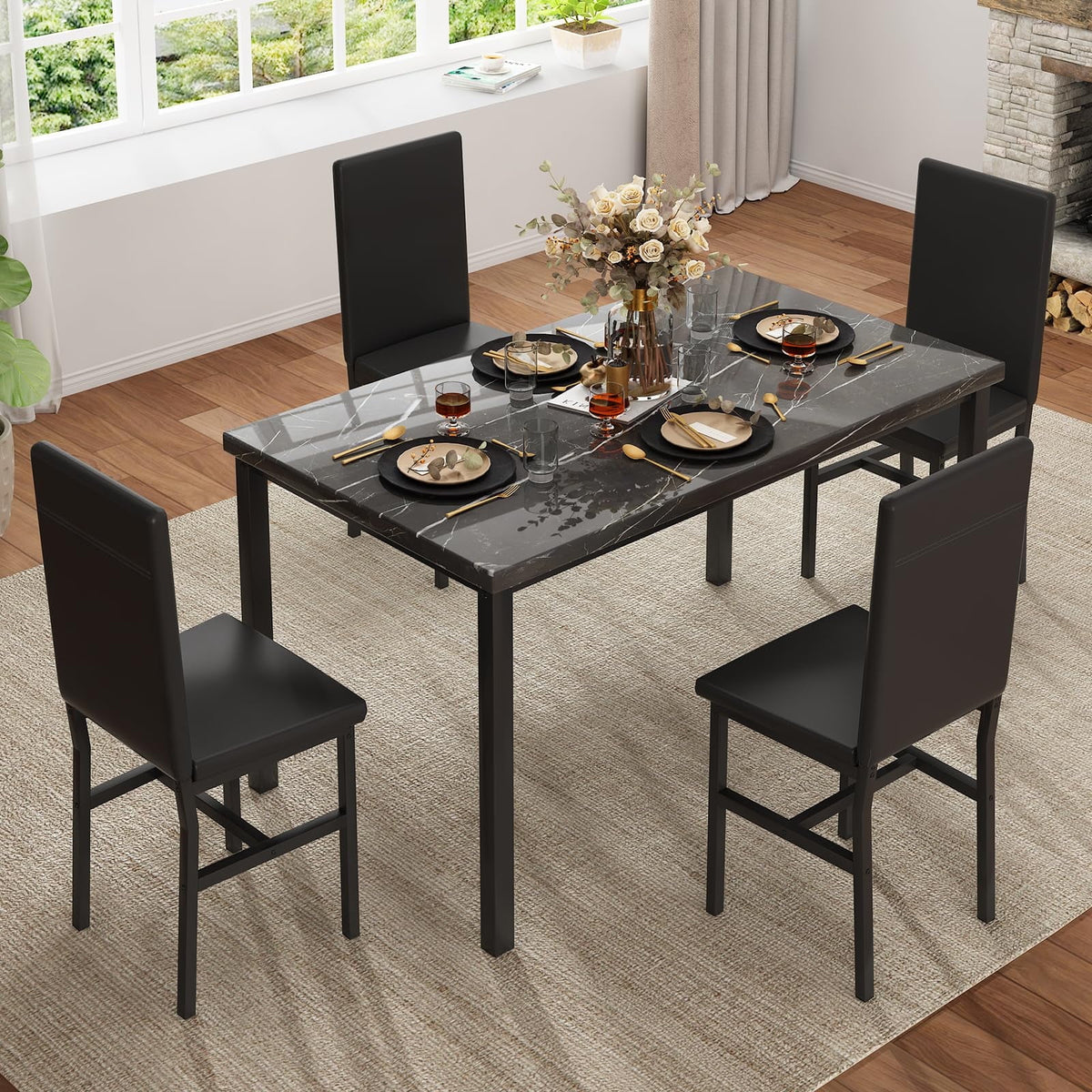 AWQM Dining Table Set of 4, Faux Marble 5 Piece Dining Room Table Set with PU Leather Chairs, Rectangular Kitchen Table Set for Apartment, Dining, White