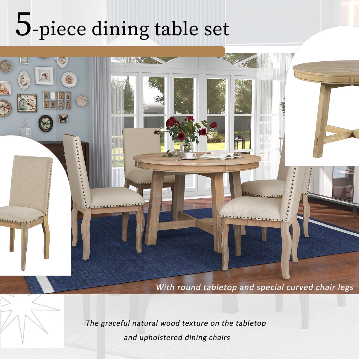 Bellemave 5-Piece Round Dining Table Set, Wood Farmhouse Extendable Dining Table and 4 Upholstered Dining Chairs, Kitchen Dining Table Set for 4 ��Antique White��