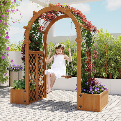 Wooden Garden Arbor with Planter&Swing,Outdoor Arbor Trellis for Climbing Plants, Roses, Vines, Outside Pergola Planter, Garden Arch for Lawn Backyard Wedding Ceremony Bridal Party