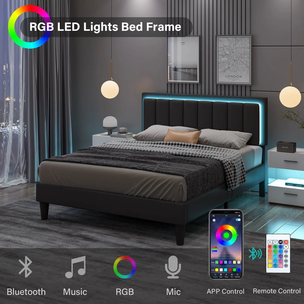 4 EVER WINNER Queen LED Bed Frame, Upholstered Bed Frame with LED Light Headboard, Black