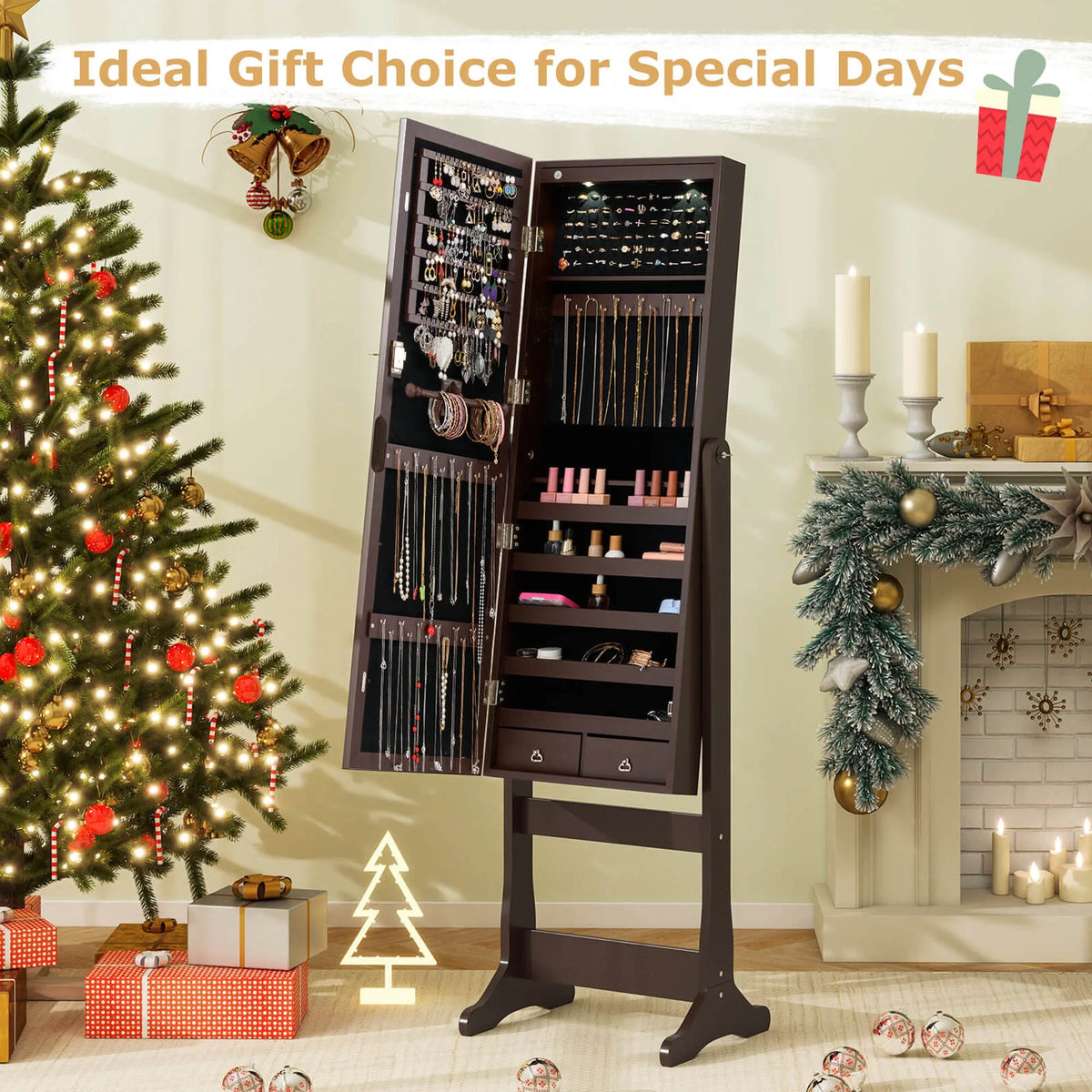 Costway Contemporary MDF Jewelry Cabinet with LED Lights in Brown