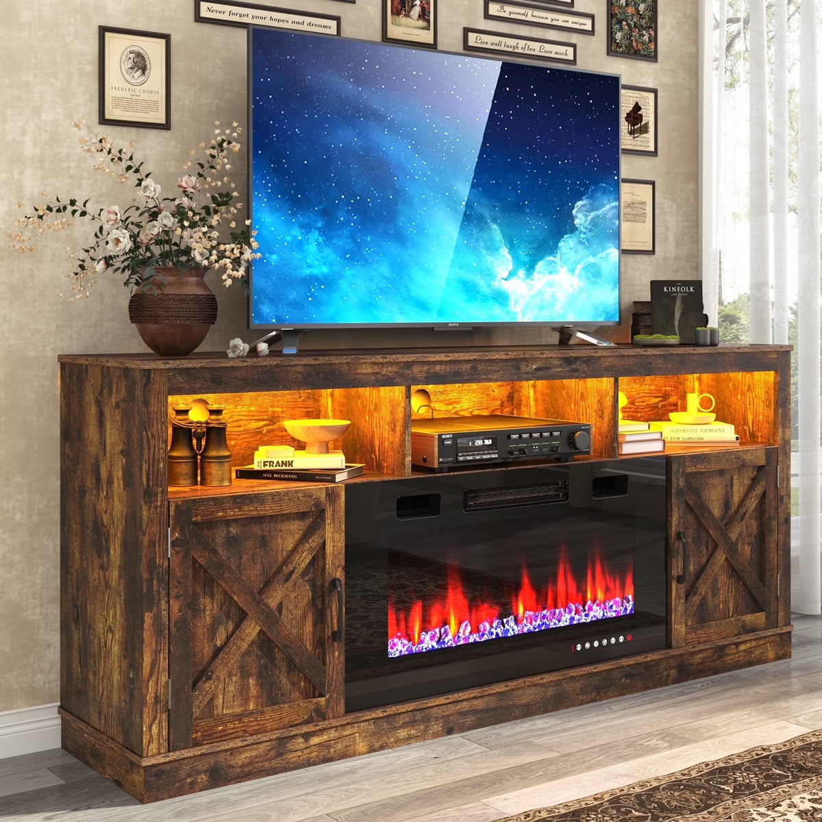 ChVans 70" Fireplace TV Stand for TVs up to 80" with 36" Electric Fireplace, Farmhouse Entertainment Center with LED, Wooden Media Console for Living Room, Bedroom